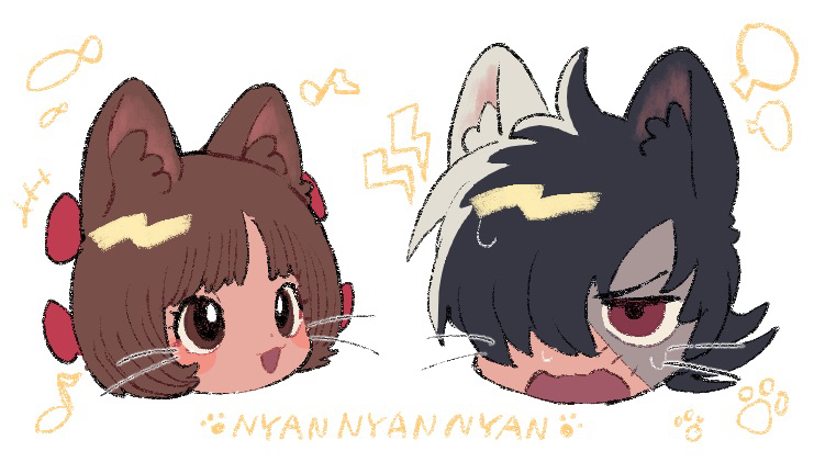 +++ 1boy 1girl animal_ear_fluff animal_ears black_hair black_jack_(character) black_jack_(series) blush_stickers bow brown_eyes brown_hair cat_ears fish hair_bow hair_over_one_eye head husagin lightning_bolt_symbol multicolored_hair multiple_hair_bows musical_note open_mouth patchwork_skin paw_print pinoko red_bow red_eyes scar short_hair simple_background split-color_hair sweat two-tone_hair wavy_mouth whiskers white_background white_hair