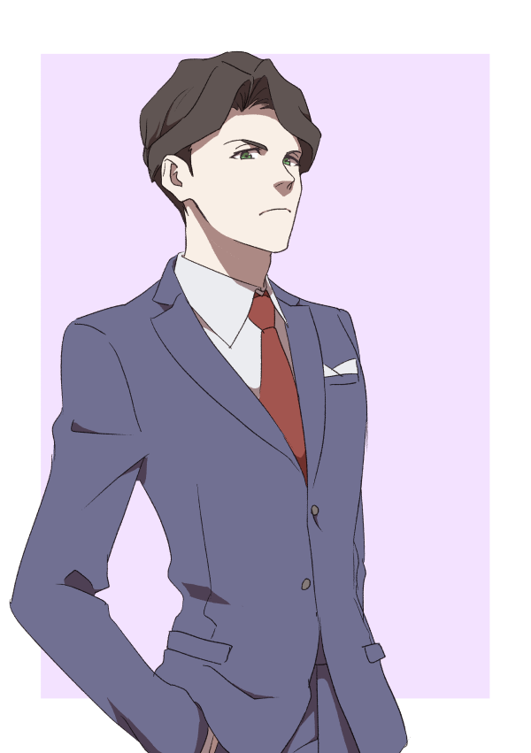 1boy andrew_hanbridge arms_at_sides brown_hair collared_shirt green_eyes hair_intakes hand_in_pocket jacket lapels little_witch_academia male_focus mitsuko_(4afe6300) necktie notched_lapels pants pink_background pocket_square purple_background purple_jacket purple_pants red_necktie scowl shirt simple_background solo standing white_background white_shirt