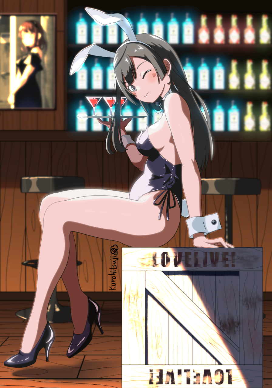 1girl akiyama_(yehonatan) animal_ears bare_shoulders black_hair black_leotard blush breasts detached_collar fake_animal_ears fake_tail grey_eyes highleg highleg_leotard highres holding indoors leotard looking_at_viewer love_live! love_live!_nijigasaki_high_school_idol_club medium_breasts one_eye_closed playboy_bunny rabbit_ears rabbit_tail side-tie_leotard sitting smile solo strapless strapless_leotard tail wrist_cuffs yuuki_setsuna_(love_live!)