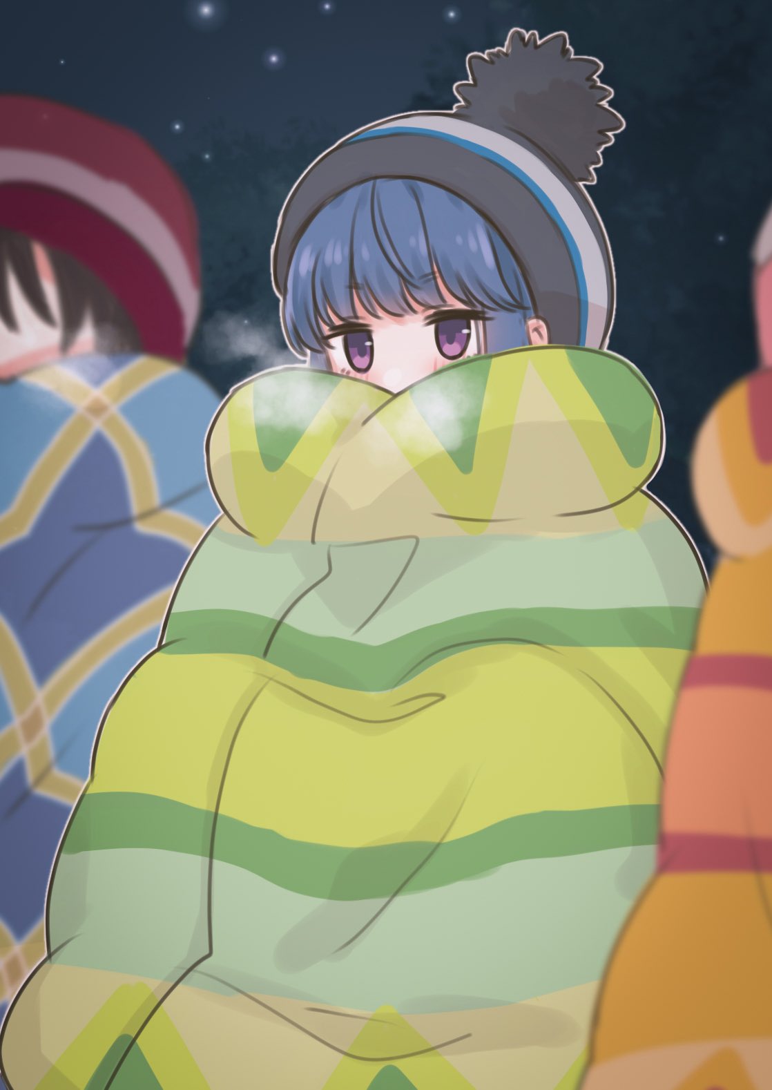 3girls beanie blanket blue_hair blunt_bangs blush hat highres kagamihara_nadeshiko marrontorisu multiple_girls night outdoors pom_pom_(clothes) purple_eyes red_headwear saitou_ena shima_rin solo_focus steam yurucamp