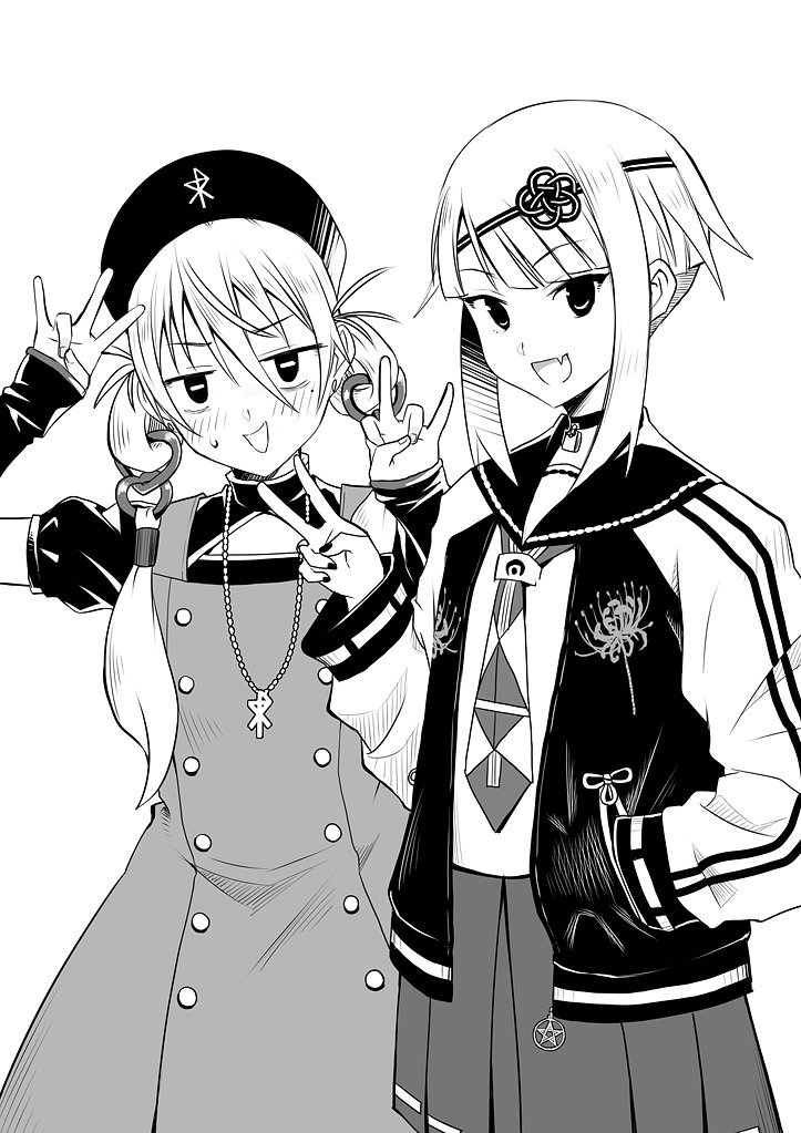 2girls :d arm_up bags_under_eyes blush choker dress fang gesture greyscale hair_between_eyes hand_in_pocket hand_up hat jacket letterman_jacket long_hair long_sleeves low_twintails mole mole_under_eye monochrome multiple_girls nail_polish necktie okiru open_clothes open_jacket original pleated_skirt puffy_long_sleeves puffy_short_sleeves puffy_sleeves sailor_collar school_uniform serafuku shirt short_sleeves sidelocks simple_background skirt sleeves_past_wrists smile sweat twintails v white_background