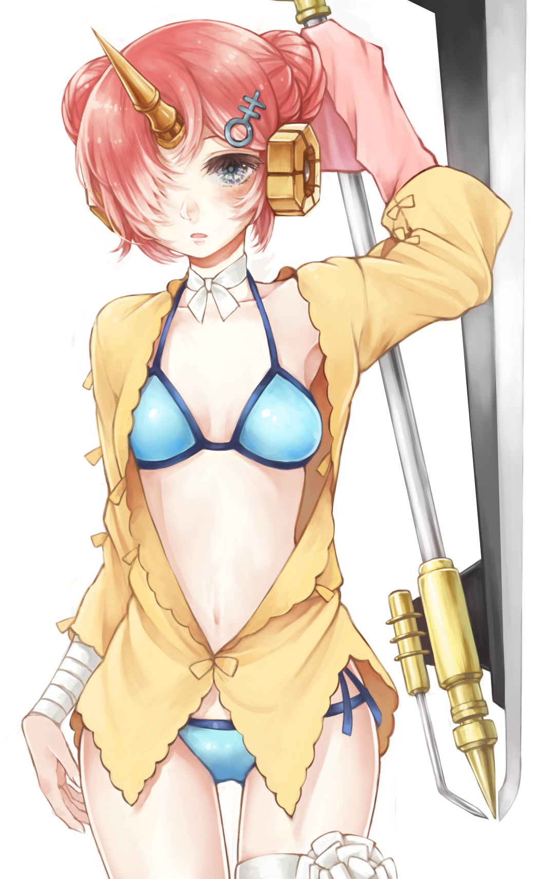 1girl bandaged_arm bandages bikini blue_bikini blue_eyes blush breasts cowboy_shot double_bun fate/grand_order fate_(series) frankenstein's_monster_(fate) frankenstein's_monster_(swimsuit_saber)_(fate) hair_bun hair_ornament hair_over_one_eye haruhito_(divineshalt) highres holding holding_weapon horns looking_at_viewer mechanical_horns open_clothes parted_lips pink_hair simple_background single_horn small_breasts solo swimsuit thigh_gap weapon white_background