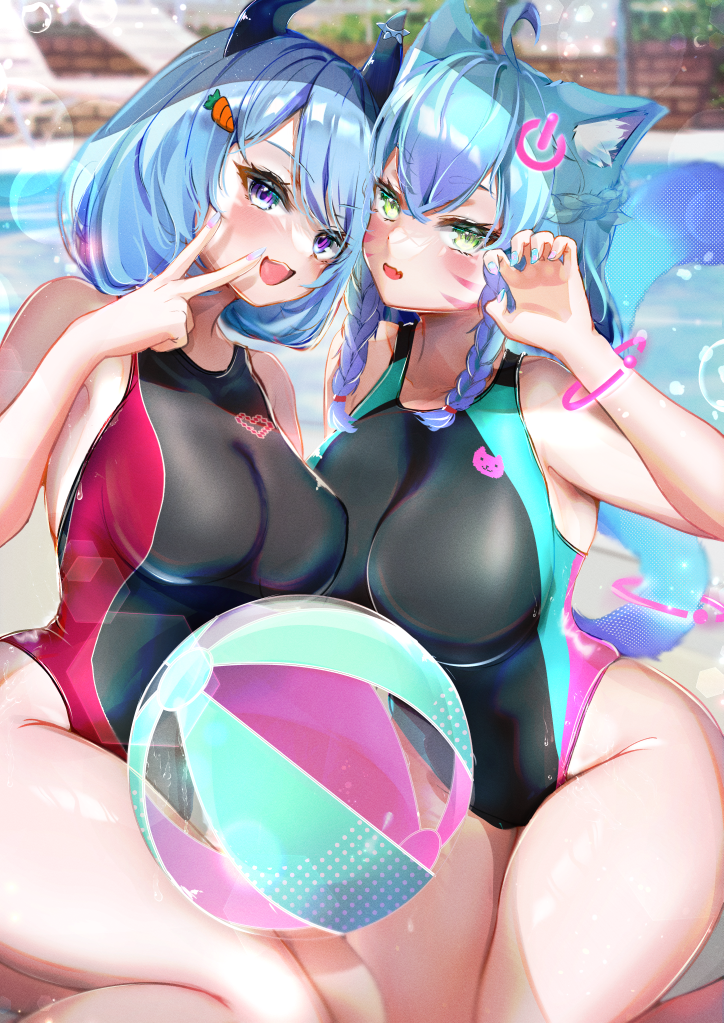 1girl 2girls ahoge animal_ear_fluff animal_ears ball bare_arms bare_shoulders beachball black_one-piece_swimsuit blue_hair blue_one-piece_swimsuit bracelet breasts carrot_hair_ornament cat_ears cat_girl cat_tail claw_pose commission demon_horns facial_mark food-themed_hair_ornament hair_ornament hairclip horns impossible_clothes impossible_swimsuit jewelry large_breasts looking_at_viewer medium_hair multiple_girls one-piece_swimsuit original poolside red_one-piece_swimsuit seta_(seta105) skeb_commission slit_pupils solo swimsuit tail two-tone_one-piece_swimsuit