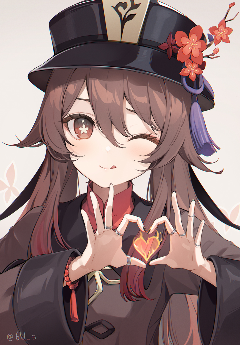 1girl 6u_(eternal_land) ;q bead_bracelet beads black_headwear black_nails bracelet brown_coat brown_eyes brown_hair closed_mouth coat colored_tips commentary_request fire flower flower-shaped_pupils genshin_impact gradient_eyes gradient_hair grey_background hair_between_eyes hair_flaps hands_up hat hat_branch hat_flower hat_tassel heart heart_hands hu_tao_(genshin_impact) jewelry long_sleeves looking_at_viewer mandarin_collar multicolored_eyes multicolored_hair multiple_rings nail_polish one_eye_closed plum_blossoms porkpie_hat pyrokinesis red_flower red_hair red_shirt ring shirt simple_background smile solo symbol-shaped_pupils tassel tongue tongue_out twintails twitter_username upper_body wide_sleeves