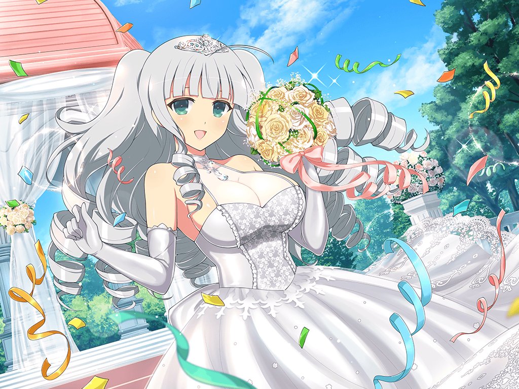 1girl ahoge blue_sky blush bouquet bow branch breasts bride bush cleavage cloud confetti day dress drill_hair elbow_gloves flower frilled_dress frilled_gloves frills gem ginrei_(senran_kagura) gloves green_eyes green_gemstone holding holding_bouquet jewelry lace lace-trimmed_dress lace_trim large_breasts leaf lens_flare light_particles long_hair looking_at_viewer necklace official_art open_mouth outdoors pink_bow red_gemstone rose see-through_cleavage senran_kagura senran_kagura_new_link senran_kagura_new_wave shiny_skin sky smile solo sparkle stairs standing streamers tiara transparent_curtains tree wedding wedding_dress white_dress white_flower white_gloves white_rose yaegashi_nan yellow_flower yellow_rose