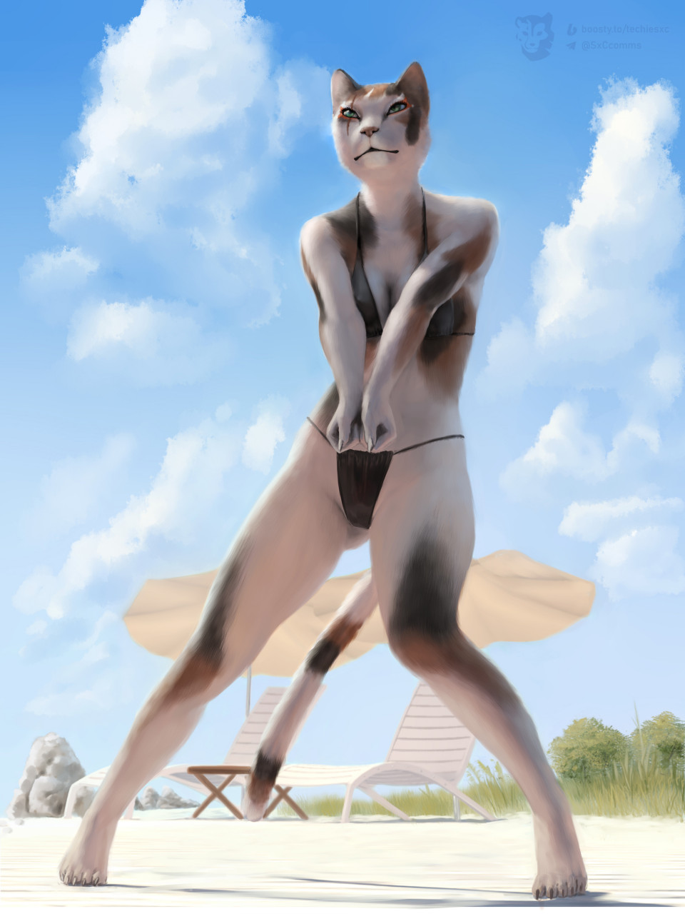 anthro artz2012 auridon beach beach_chair beach_umbrella bethesda_softworks bikini bikini_bottom bikini_top blue_sky breasts calico_cat clothing cloud domestic_cat elsweyr felid feline felis female grass green_eyes hi_res humanoid khajiit makeup mammal mascara plant playing_sport pose rock sand scar seaside silverbloodwolf98 sky small_breasts solo sport standing swimwear techiesxc the_elder_scrolls the_elder_scrolls_online thick_thighs tree volleyball