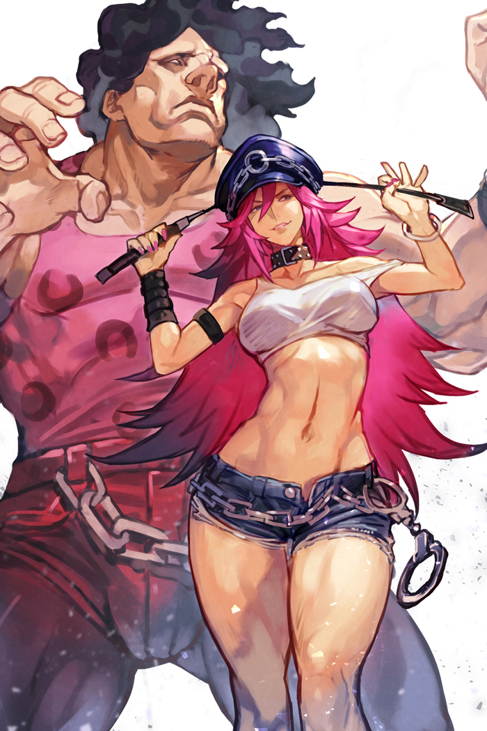 1boy 1girl abs belt black_choker black_hair breasts chain choker crop_top cuffs denim denim_shorts elbow_gloves final_fight gloves handcuffs hat holding holding_whip hugo_andore hungry_clicker large_breasts long_hair micro_shorts midriff muscular muscular_male navel night peaked_cap pink_hair pink_shirt poison_(final_fight) shirt shorts standing street_fighter tank_top whip