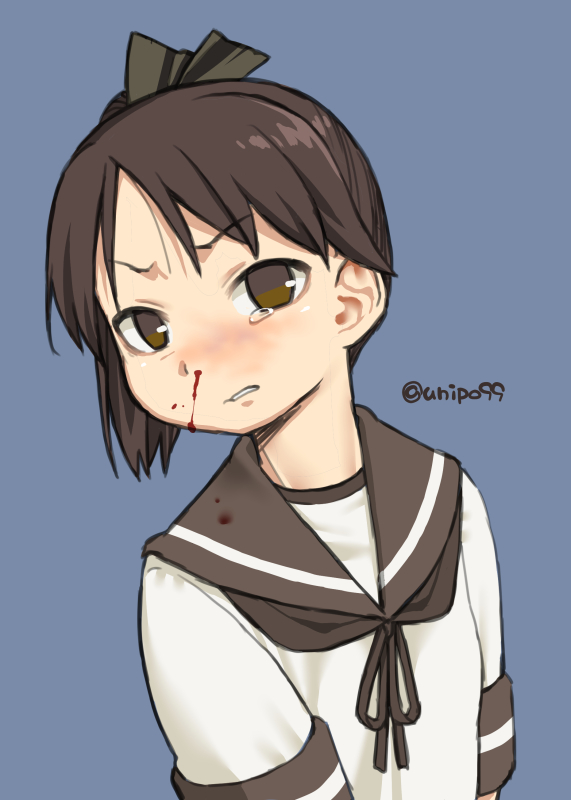 1girl black_ribbon blood blood_on_clothes blood_on_face blue_background blush brown_eyes brown_hair brown_neckerchief brown_sailor_collar bruise bruise_on_face hair_ribbon harukaze_unipo injury kantai_collection looking_at_viewer neckerchief nosebleed ponytail ribbon sailor_collar school_uniform serafuku shikinami_(kancolle) simple_background solo tears twitter_username upper_body