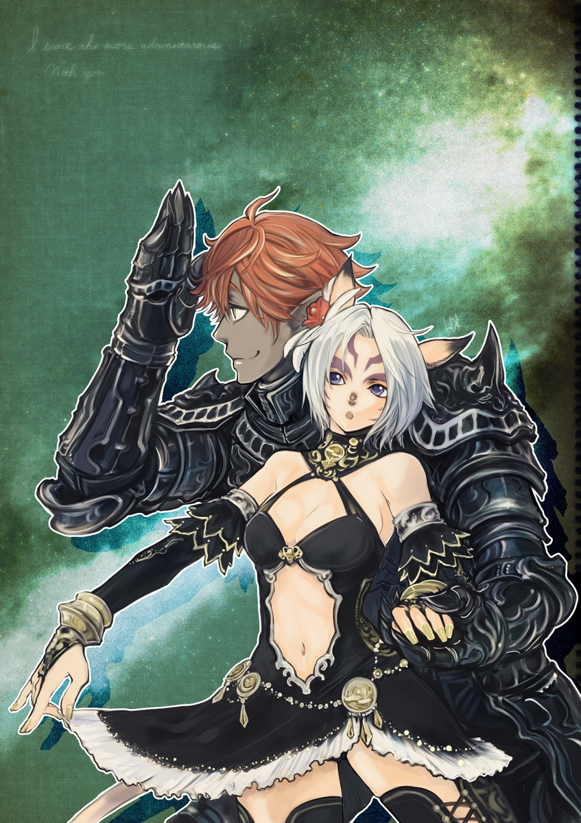 1boy 1girl :o adventurer_(ff11) animal_ears armor bare_shoulders black_armor black_bridal_gauntlets black_dress black_panties black_thighhighs breasts bridal_gauntlets cat_ears cat_girl cat_tail cleavage closed_mouth clothing_cutout cross-laced_clothes cross-laced_legwear cursive dancer dancer_(final_fantasy) dark-skinned_male dark_knight_(final_fantasy) dark_skin doraeshi dress drop_shadow elf elvaan english_text engrish_text facial_mark feather_hair_ornament feathers final_fantasy final_fantasy_xi fingernails flower gauntlets green_eyes green_nails hair_flower hair_ornament halter_dress halterneck hand_up highres holding_hands legs_apart medium_breasts mithra_(ff11) nail_polish navel_cutout no_eyebrows open_mouth orange_hair outline panties pantyshot pointy_ears purple_eyes ranguage red_flower short_dress short_hair shoulder_armor shoulder_spikes smile spiked_armor spikes standing tail thighhighs underwear whisker_markings white_feathers white_hair white_outline