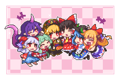 +++ 6+girls ascot black_dress black_hair black_headwear blue_dress blue_hair blue_skirt blush_stickers bow brown_eyes chinese_clothes closed_eyes curled_horns dress earrings fang fruit_hat_ornament green_hair grey_hair hair_bow hair_tubes hakurei_reimu hat_ornament hinanawi_tenshi horn_ornament horn_ribbon horns ibuki_suika japanese_clothes jewelry junko_(touhou) kariyushi_shirt komano_aunn kumamoto_(bbtonhk2) long_hair long_sleeves lowres multiple_girls nontraditional_miko one_eye_closed oni_horns open_mouth orange_hair peach_hat_ornament phoenix_crown pixel_art pointy_ears purple_hair purple_horns purple_ribbon red_bow red_eyes red_horns red_shirt red_skirt red_sleeves ribbon sheep_horns shirt short_hair shorts sidelocks single_horn skirt smile tabard tail tenkajin_chiyari touhou toutetsu_yuuma white_shirt white_shorts yellow_ascot