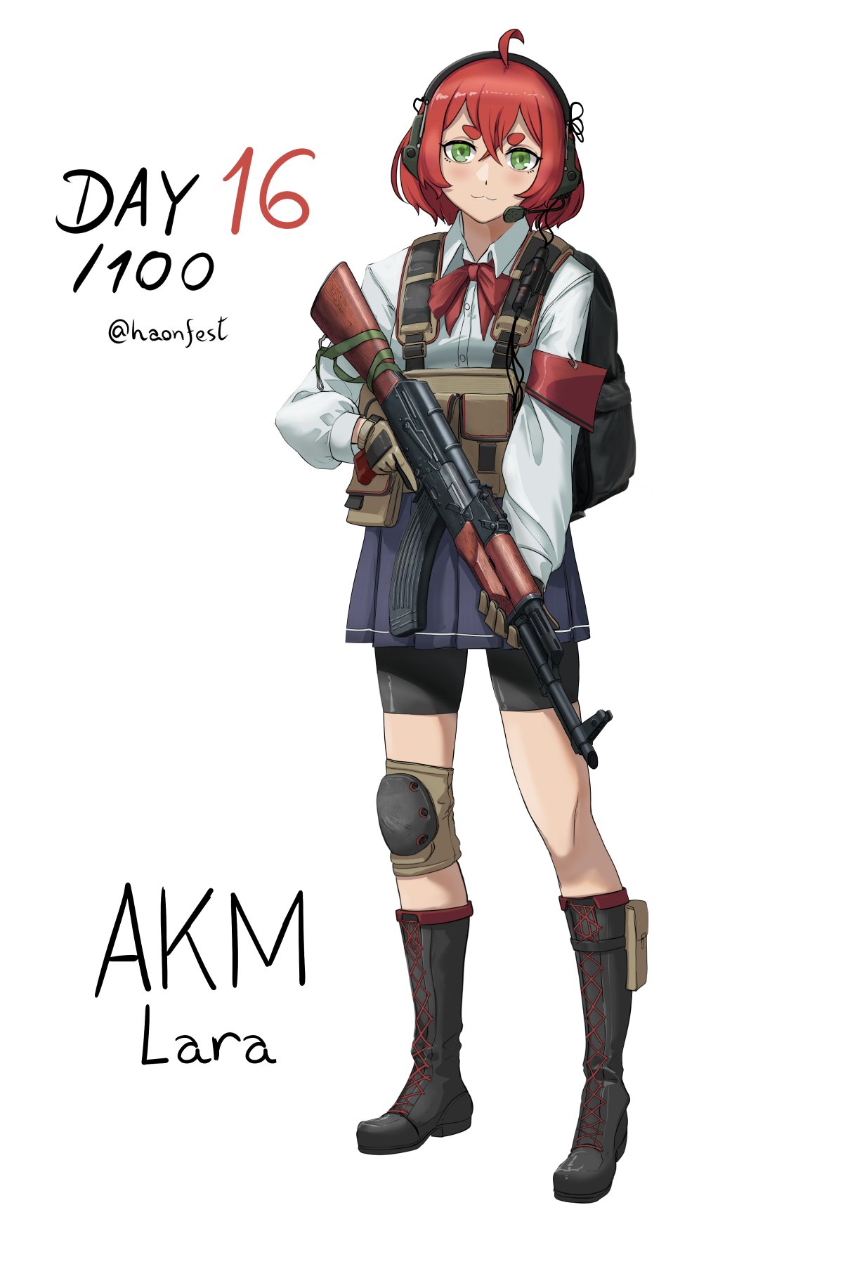 1girl ahoge akm armband assault_rifle backpack bag bike_shorts black_footwear black_shorts blue_skirt boots bow brown_gloves collared_shirt commentary cross-laced_footwear dress_shirt ear_protection english_commentary full_body gloves green_eyes gun hair_between_eyes haonfest highres holding holding_gun holding_weapon kalashnikov_rifle knee_pads lace-up_boots long_sleeves original pleated_skirt puffy_long_sleeves puffy_sleeves red_bow red_hair rifle shirt short_eyebrows shorts shorts_under_skirt simple_background single_knee_pad skirt solo standing thick_eyebrows weapon white_background white_shirt