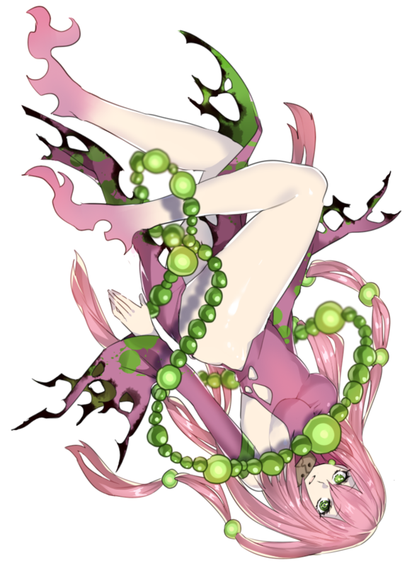 1girl beads breasts detached_sleeves dress full_body green_eyes hair_between_eyes katagiri_hachigou long_hair long_sleeves medium_breasts mismatched_pupils no_bra open_mouth pink_hair pokemon purple_dress purple_sleeves sideboob simple_background solo spiritomb torn_clothes torn_dress upside-down very_long_hair white_background