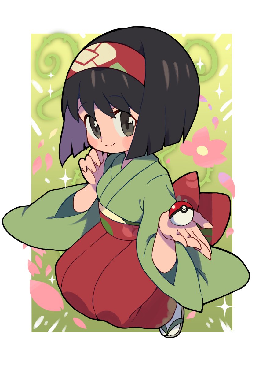 1girl black_hair blush_stickers brown_footwear closed_mouth commentary_request erika_(pokemon) flower full_body green_kimono grey_eyes hairband hakama hakama_skirt hands_up highres holding holding_poke_ball japanese_clothes kimono miyata_(lhr) pink_flower poke_ball poke_ball_(basic) pokemon pokemon_(game) pokemon_rgby red_hairband red_hakama short_sleeves skirt smile socks solo tabi white_socks wide_sleeves zouri