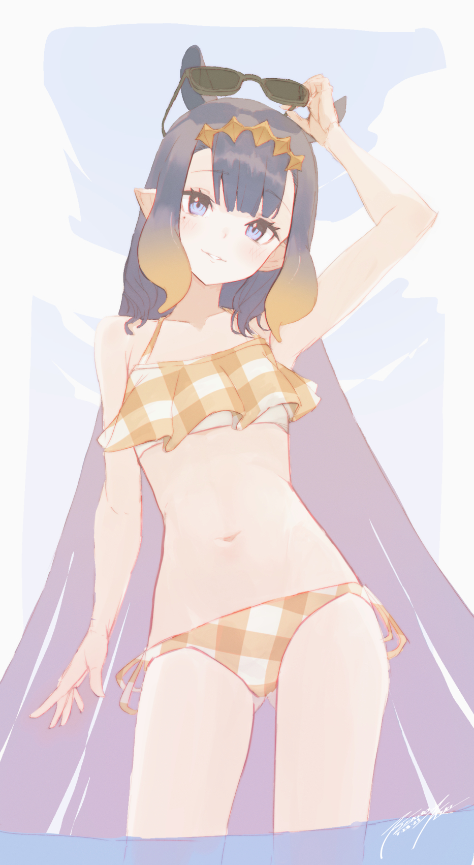 1girl ass_visible_through_thighs bikini blue_eyes checkered_bikini checkered_clothes grin hair_ornament highres hololive hololive_english long_hair looking_at_viewer mole mole_under_eye navel ninomae_ina'nis pointy_ears punished_pigeon purple_hair smile solo sunglasses swimsuit very_long_hair virtual_youtuber wading