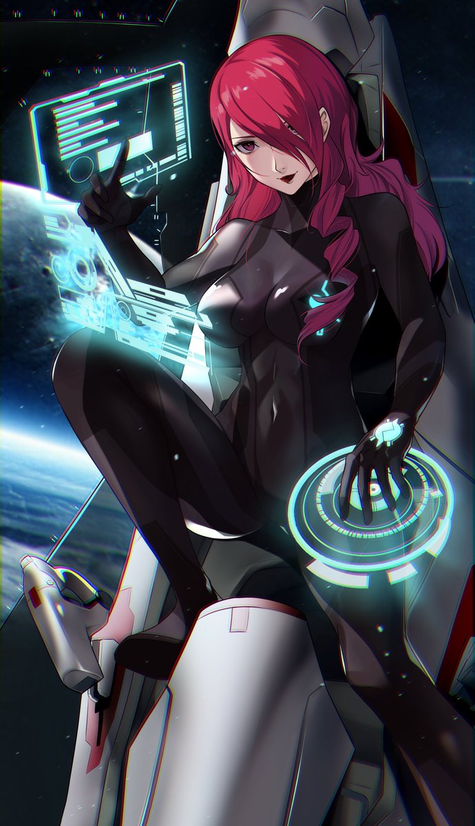 1girl alternate_costume black_bodysuit bodysuit breasts closed_mouth commentary cosplay covered_navel crossover drill_hair english_commentary hair_over_one_eye highres holographic_interface kirijou_mitsuru large_breasts lips lipstick long_hair looking_at_viewer makeup metroid neon_genesis_evangelion one_eye_covered persona persona_3 red_eyes red_hair red_lips samus_aran samus_aran_(cosplay) sitting smile solo wanderstillart zero_suit