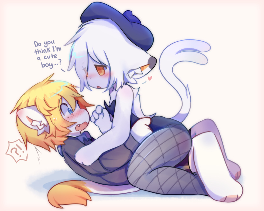 anthro blonde_hair blue_eyes blush butt canid canine catboy clothed clothing duo flustered fur girly hair hat headgear headwear legwear male male/male mammal open_mouth shirt shy simple_background tail text thick_thighs topwear white_body white_fur white_hair yellow_eyes young yuqikun