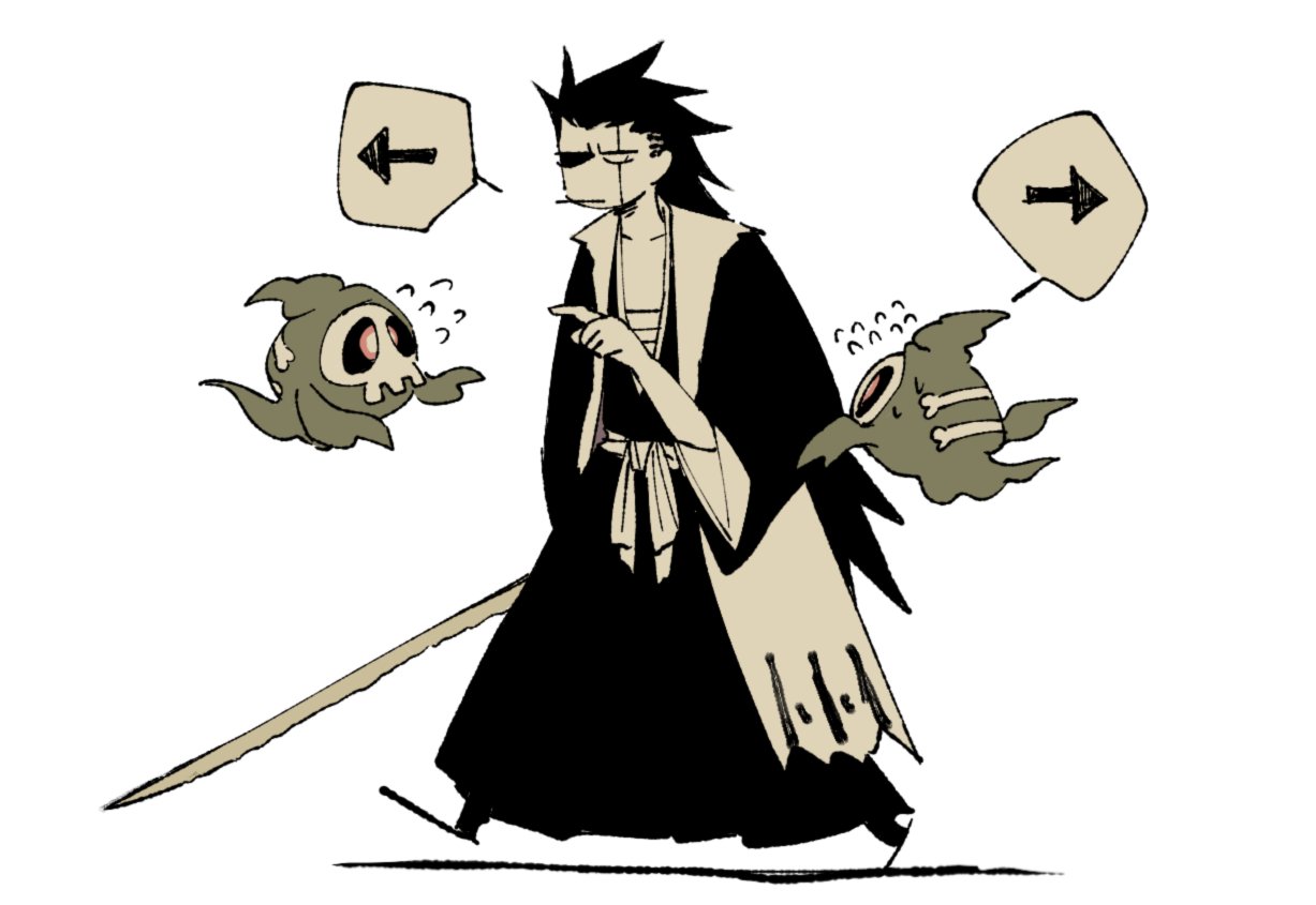 1boy black_hair black_hakama bleach collarbone crossover duskull eyepatch floating flying_sweatdrops ghost ghost_tail hakama haori holding holding_sword holding_weapon japanese_clothes long_hair looking_at_animal mashita._(mentaiko_omoti) mask obi pointing pokemon pokemon_(creature) sash scar scar_across_eye shihakusho shinigami skull_mask spiked_hair sword taichou_haori very_long_hair walking weapon white_background wide_sleeves zaraki_kenpachi