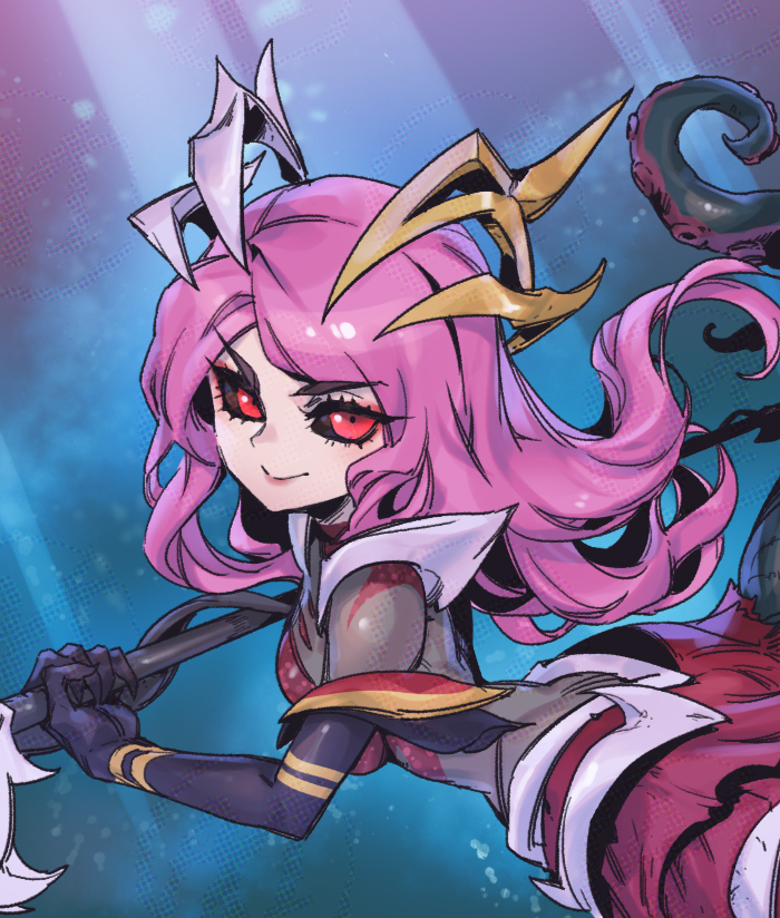 1girl armor black_sclera bodysuit breasts brown_bodysuit closed_mouth colored_sclera coven_nami from_side holding holding_weapon layered_skirt league_of_legends long_hair medium_breasts monster_girl nami_(league_of_legends) official_alternate_costume phantom_ix_row pink_hair red_eyes red_skirt scylla skirt smile solo underwater weapon