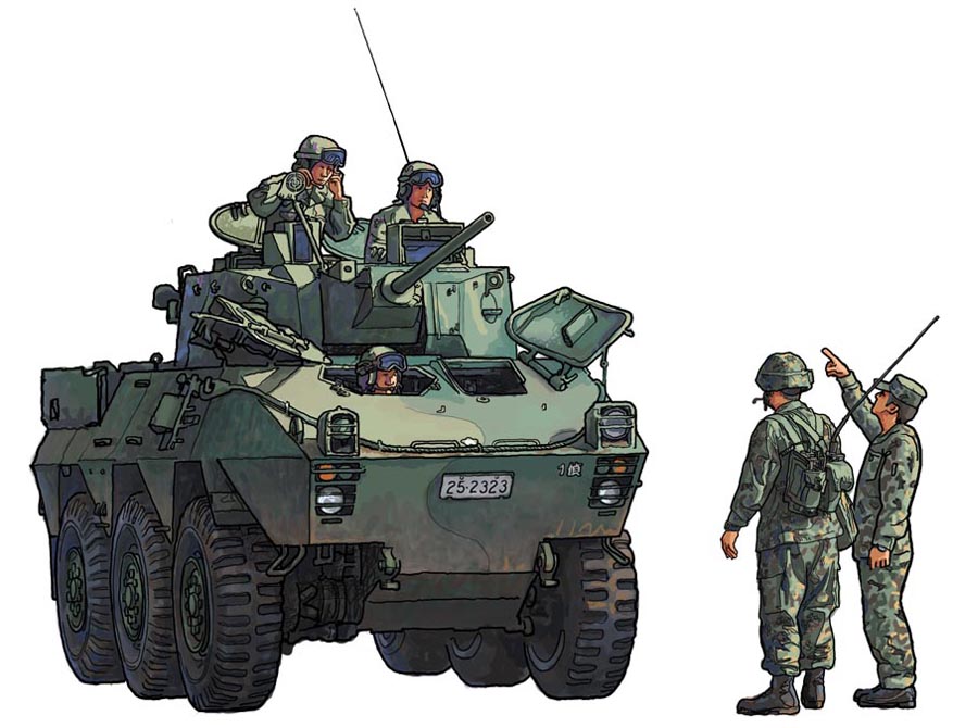 5boys armored_vehicle backpack bag barrel combat_helmet hat helmet japan_ground_self-defense_force japan_self-defense_force military military_hat military_uniform military_vehicle motor_vehicle multiple_boys original plate simple_background tank type_87_arv uniform wheel yaruz