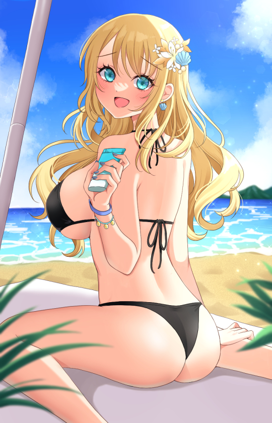 1girl ass atago_(kancolle) beach bikini black_bikini blonde_hair blue_eyes blue_nails blue_sky breasts cloud commentary_request day feet_out_of_frame flower from_behind hair_flower hair_ornament horizon kantai_collection large_breasts long_hair looking_at_viewer lotion nail_polish ocean outdoors sitting sky solo sunscreen swimsuit wariza yomogi_dango