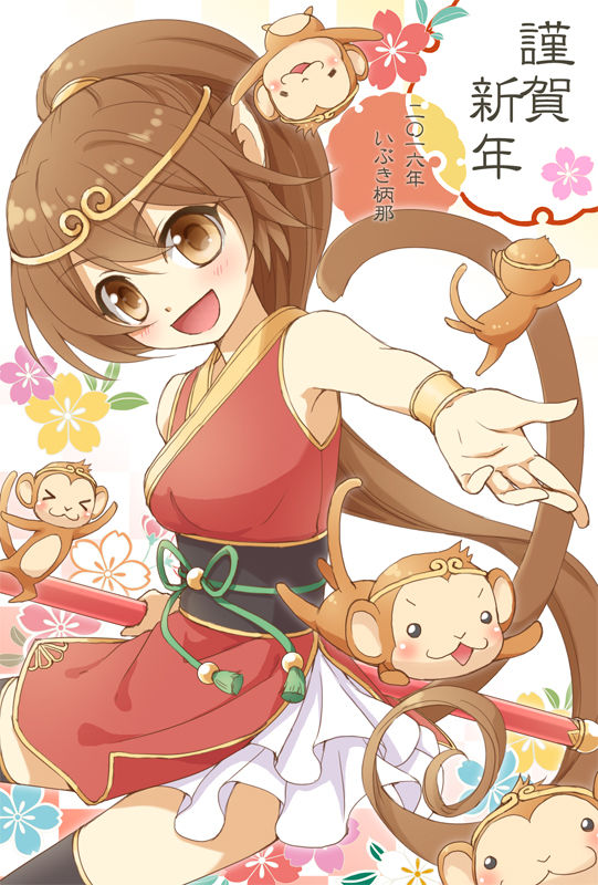 1girl animal animal_ears armpits blush bracelet brown_eyes brown_hair chinese_zodiac dress headpiece holding holding_staff ibuki_ena japanese_clothes jewelry long_hair looking_at_viewer monkey monkey_ears monkey_girl monkey_tail new_year obi open_mouth original ponytail reaching reaching_towards_viewer sash short_dress sleeveless sleeveless_dress smile solo staff tail thighhighs translation_request very_long_hair year_of_the_monkey