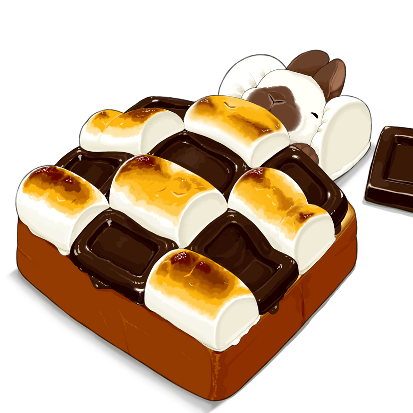 animal animal_focus chocolate closed_eyes commentary_request food food_focus lilac_(p-f_easy) lying marshmallow no_humans on_back original rabbit roasted_marshmallow s'more simple_background sleeping solo toast under_covers white_background