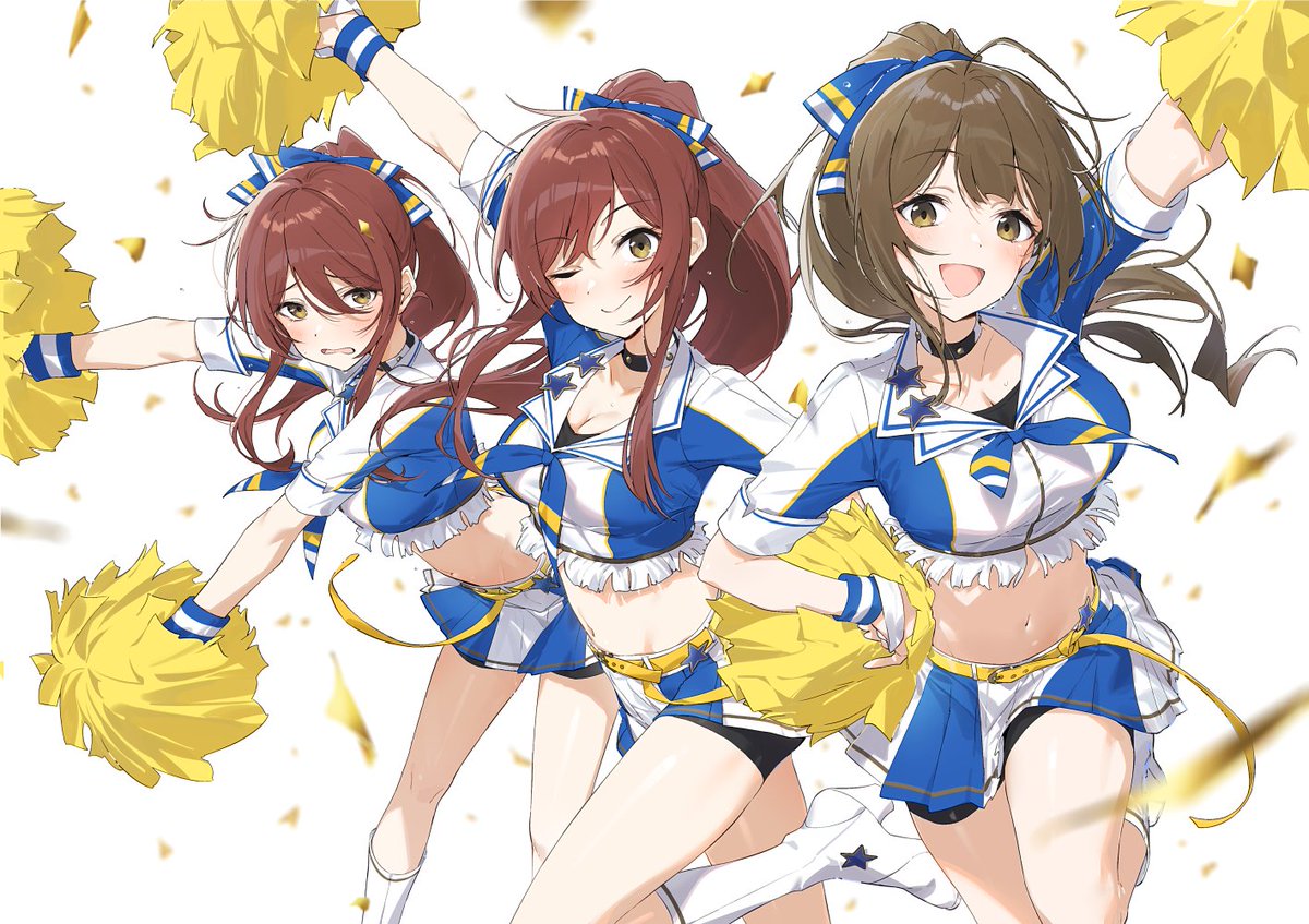 3girls ahoge alstroemeria_(idolmaster) arm_up belt bike_shorts black_choker blue_jacket blue_ribbon blue_skirt blurry blush boots breasts brown_eyes brown_hair cheerleader choker cleavage closed_mouth collarbone confetti crop_top cropped_jacket dot_nose hair_ribbon hand_on_own_hip hayashi_kewi holding holding_pom_poms idolmaster idolmaster_shiny_colors jacket kuwayama_chiyuki large_breasts long_hair looking_at_viewer medium_breasts midriff multiple_girls navel one_eye_closed open_mouth osaki_amana osaki_tenka pleated_skirt pom_pom_(cheerleading) ponytail ribbon short_sleeves siblings sisters skirt smile standing standing_on_one_leg sweat swept_bangs twins wavy_mouth white_background white_footwear wristband yellow_belt yellow_eyes