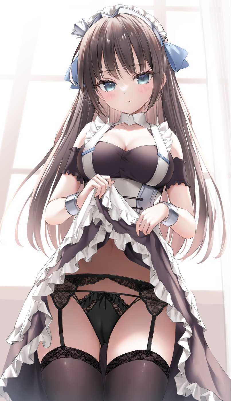 1girl arm_garter azur_lane bare_shoulders black_dress black_panties blue_eyes breasts brown_hair brown_thighhighs cameltoe cleavage clothes_lift cowboy_shot dress dress_lift frilled_dress frills garter_belt highres large_breasts lifted_by_self lingerie long_hair looking_at_viewer maid maid_headdress navel newcastle_(azur_lane) panties sleeveless sleeveless_dress smile solo standing string_panties suyamori thighhighs thighs underwear