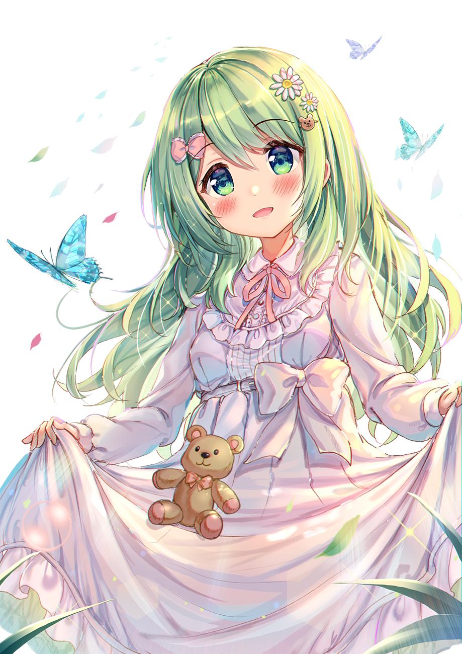 1girl :d akabane_(zebrasmise) animal bear_hair_ornament blue_butterfly blush bow breasts bug butterfly collared_dress dress falling_leaves flower green_eyes green_hair hair_bow hair_flower hair_ornament head_tilt highres leaf long_dress long_hair long_sleeves looking_at_viewer morinaka_kazaki neck_ribbon nijisanji open_mouth pink_bow puffy_long_sleeves puffy_sleeves ribbon simple_background skirt_basket skirt_hold sleeves_past_wrists small_breasts smile solo sparkle stuffed_animal stuffed_toy teddy_bear very_long_hair virtual_youtuber white_background white_dress white_flower