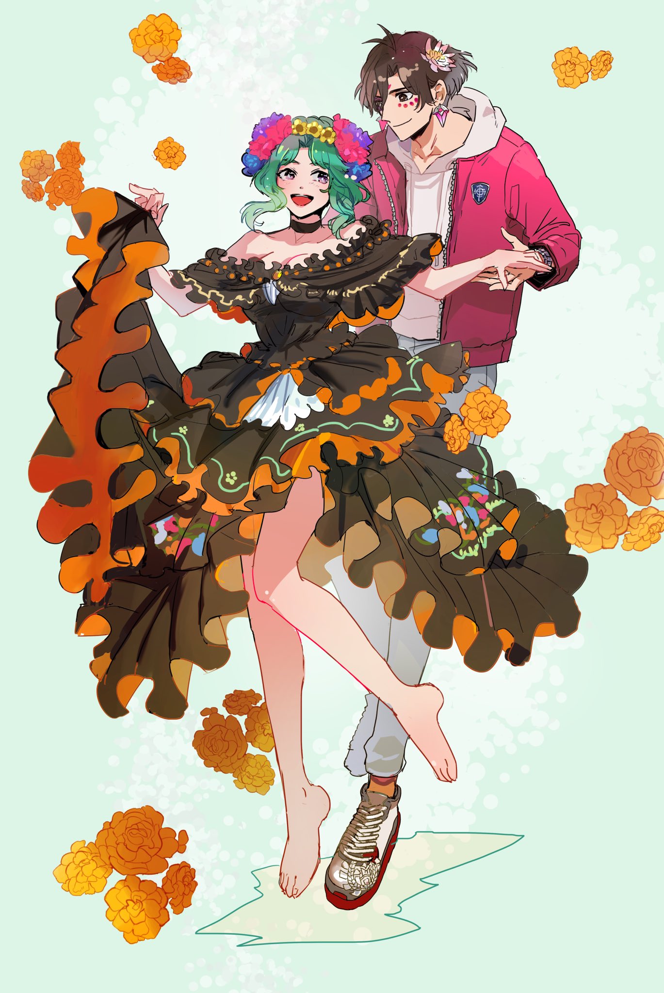 1boy 1girl :d aqua_background barefoot black_choker black_dress black_hair blue_flower breasts choker cleavage constantine_xi_(event_portrait)_(fate) constantine_xi_(fate) dancing dia_de_muertos drawstring dress earrings eye_contact facepaint fate/grand_order fate_(series) flower flower_wreath frilled_dress frills full_body green_hair grey_pants hair_between_eyes hair_bun hair_flower hair_ornament head_wreath highres holding_hands hood hood_down hoodie jacket jewelry layered_dress long_sleeves looking_at_another marigold mexican_dress off-shoulder_dress off_shoulder official_alternate_costume open_clothes open_jacket orange_flower pants parted_bangs pink_flower purple_eyes purple_flower red_jacket salome_(fate) shoes short_hair sidelocks sideways_glance skirt_hold smile sneakers standing standing_on_one_leg watch white_flower white_footwear white_hoodie wristwatch yayayakan