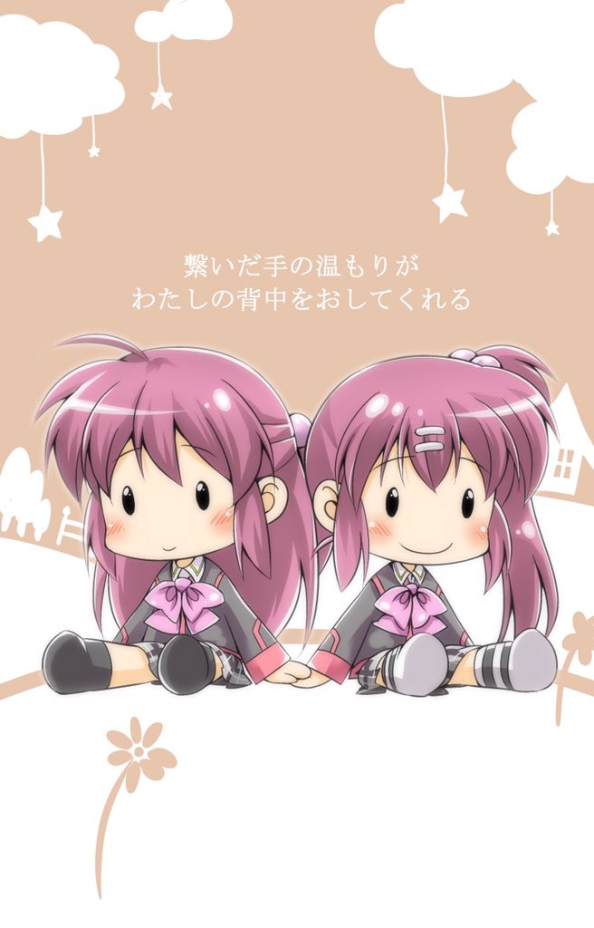 2girls ahoge arms_at_sides black_jacket blush bow brown_background ca2la character_doll closed_mouth commentary_request futaki_kanata grey_skirt hair_between_eyes hair_bobbles hair_ornament hairclip holding_hands jacket little_busters! long_hair long_sleeves miniskirt multiple_girls no_shoes pink_bow plaid plaid_skirt purple_hair saigusa_haruka school_uniform siblings side_ponytail sidelocks simple_background sisters sitting skirt smile striped striped_thighhighs stuffed_toy thighhighs translation_request twins very_long_hair white_background wide_shot zettai_ryouiki