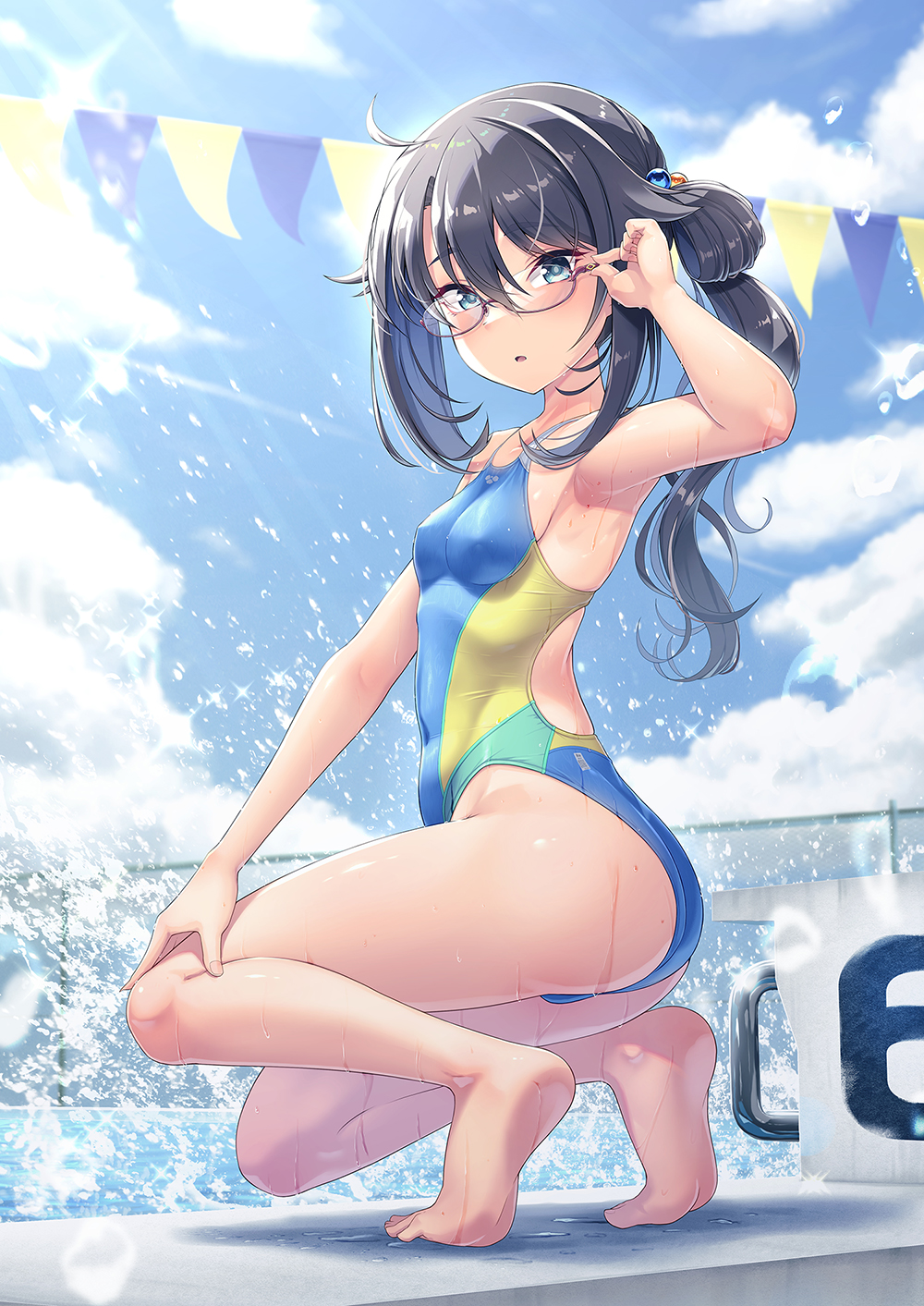 1girl barefoot black-framed_eyewear black_hair blue_one-piece_swimsuit blue_sky breasts chain-link_fence cloud competition_swimsuit day fence glasses grey_eyes hassen_(8cm) highres kneeling long_hair looking_at_viewer multicolored_clothes multicolored_swimsuit one-piece_swimsuit original outdoors poolside side_ponytail sky small_breasts solo starting_block string_of_flags swimsuit