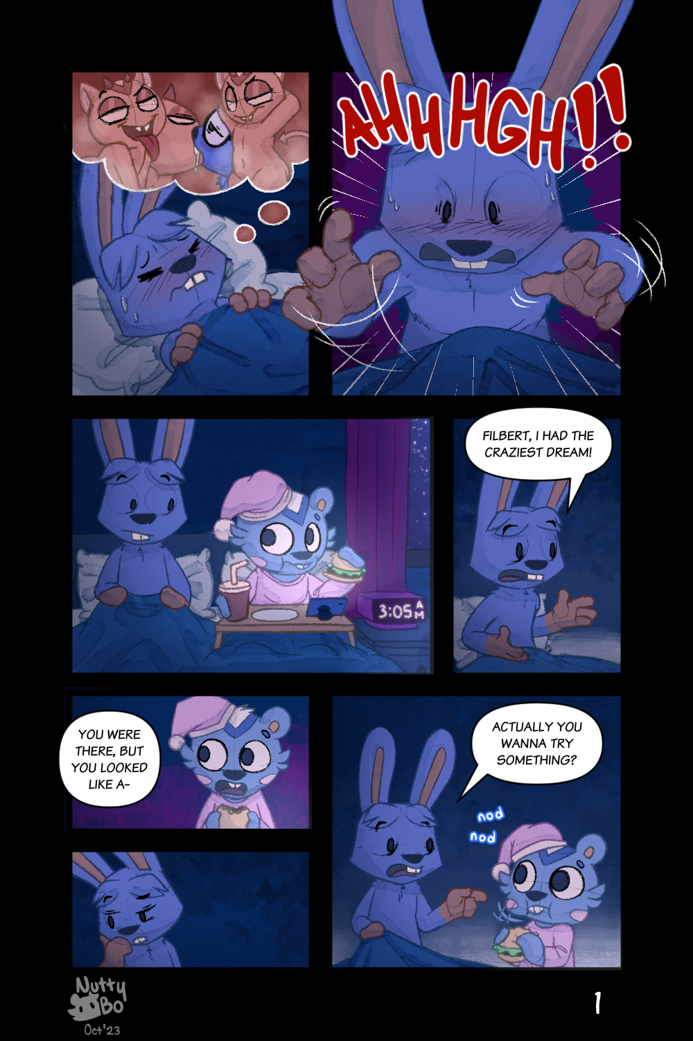 animal_crossing bed blue_body blue_fur blush clothed clothing comic dialogue doc_(animal_crossing) dream eating english_text eyes_closed filbert_(animal_crossing) food fur furniture hair hi_res horn imp kissing lagomorph leporid mammal nintendo nutty_bo open_mouth rabbit red_body rodent sciurid sleeping smile speech_bubble text tree_squirrel