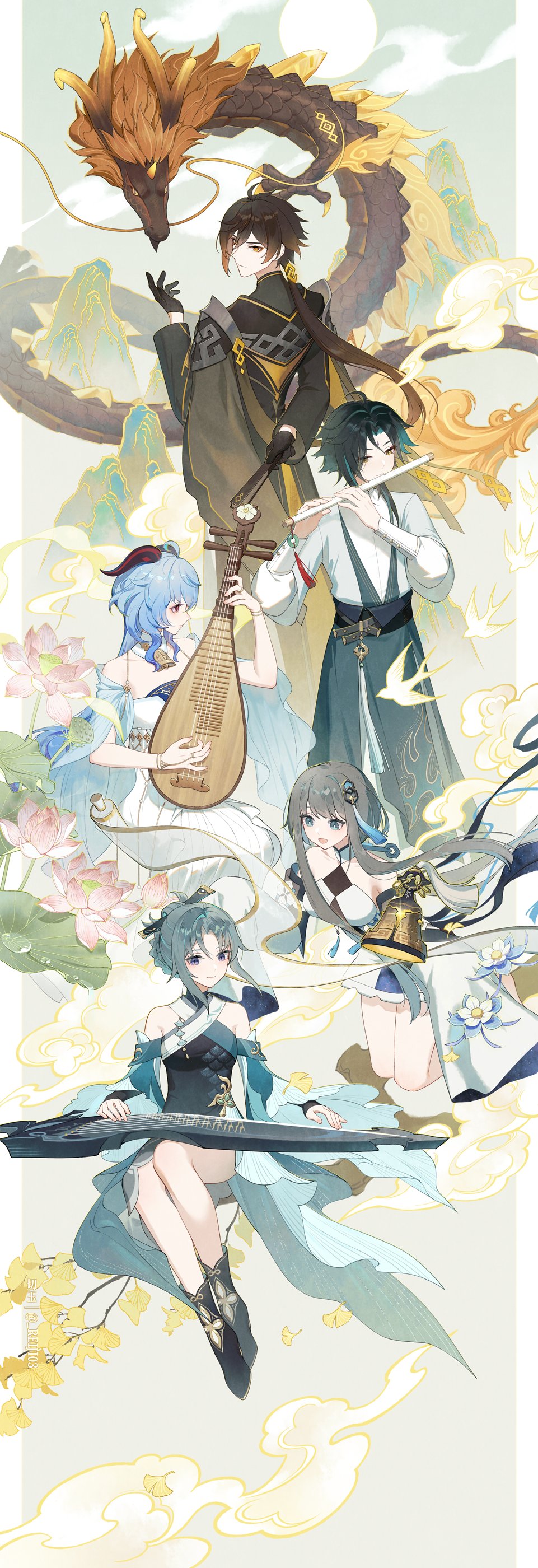 2boys 3girls :d absurdres ahoge arm_behind_back artist_name bare_shoulders bell black_gloves black_robe blue_eyes blue_flower blue_hair blue_sleeves blush bracelet braid braided_bun branch breasts brown_eyes brown_hair brown_robe bud chinese_clothes claws closed_mouth cloud collarbone commentary_request cowbell detached_collar detached_sleeves dizi dragon dress eastern_dragon eyelashes facial_mark floating_hair flower flute folding_fan forehead_mark ganyu_(genshin_impact) genshin_impact ginkgo_leaf glaze_lily gloves green_hair grey_background grey_hair guizhong_(genshin_impact) hair_between_eyes hair_bun hair_ornament hair_stick hand_fan hand_up hands_up highres holding holding_fan holding_instrument horns instrument jade_(gemstone) jewelry leaf long_hair long_sleeves looking_at_viewer looking_back lotus lotus_leaf lotus_pod low_ponytail madame_ping_(genshin_impact) medium_breasts mountain multicolored_hair multiple_boys multiple_girls music neck_bell open_mouth parted_bangs pink_flower playing_instrument ponytail puffy_long_sleeves puffy_sleeves purple_eyes red_horns rex_lapis_(genshin_impact) rj_(lingshih10) robe scroll shirt short_hair short_hair_with_long_locks sidelocks simple_background single_hair_bun sleeves_past_fingers sleeves_past_wrists smile strapless strapless_dress streaked_hair tassel tassel_hair_ornament two-tone_background very_long_sleeves white_background white_dress white_shirt white_sleeves whorled_clouds wide_sleeves xiao_(genshin_impact) yellow_eyes zhongli_(genshin_impact) zither