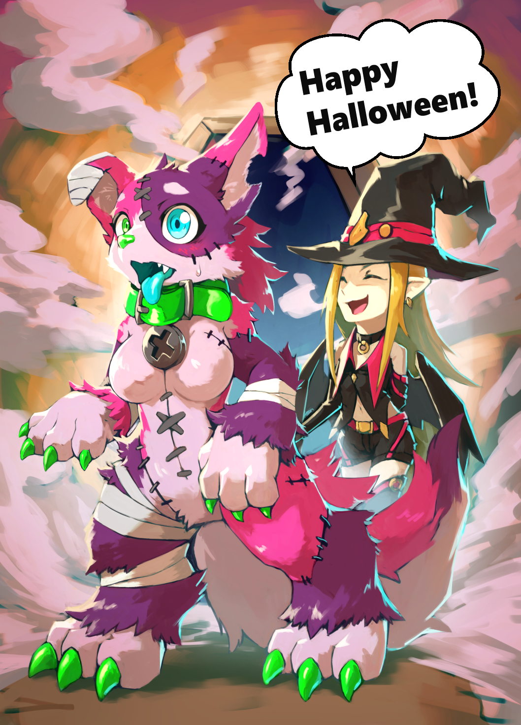 2023 after_transformation blue_eyes blue_mouth blue_tongue breasts canid canine canis claws collar colored comic countershading duo english_text female green_claws green_eyes green_nose halloween heterochromia hi_res holidays humanoid mammal mummy_costume shizumi_tsubasa speech_bubble standing surgical_suture text tongue wolf