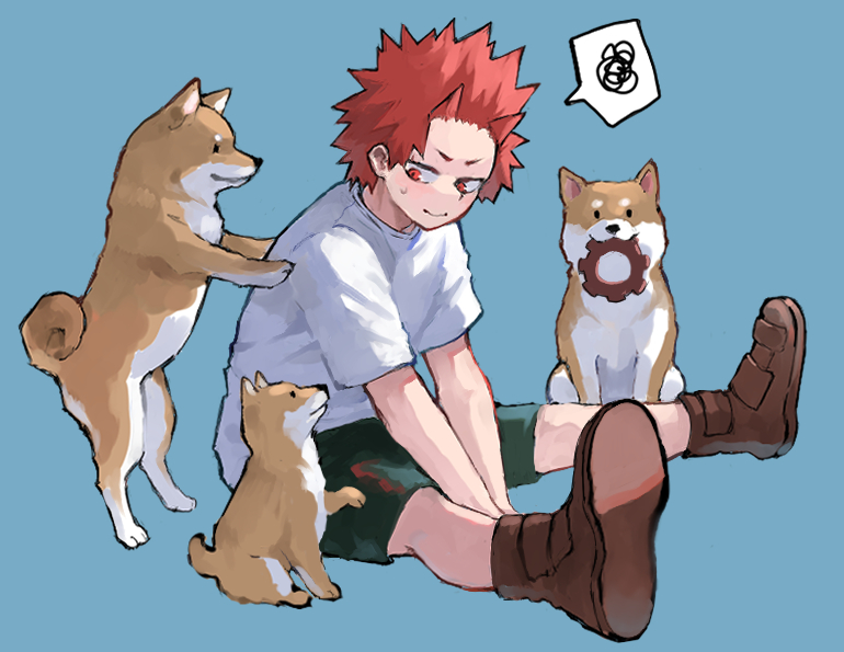 1boy animal blue_background boku_no_hero_academia boots brown_footwear closed_mouth commentary dog full_body kirishima_eijirou male_focus mouth_hold red_eyes red_hair shiba_inu shirt short_hair short_sleeves shorts simple_background sitting smile spiked_hair spoken_squiggle squiggle symbol-only_commentary white_shirt zonozonotk