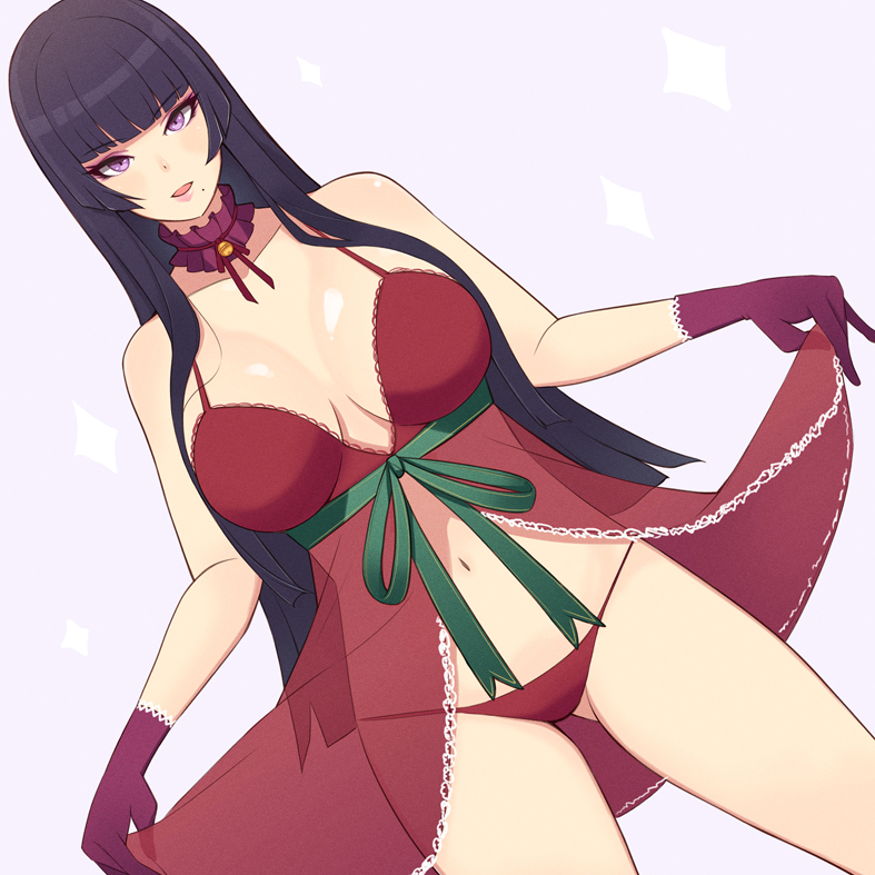 1girl bare_shoulders black_hair blunt_bangs bow breasts cleavage dead_or_alive dead_or_alive_xtreme dress green_bow holding holding_clothes holding_dress konishiki_(52siki) large_breasts lips long_hair looking_at_viewer mole mole_under_mouth navel nightgown nyotengu panties purple_eyes red_nightgown red_panties smile solo underwear