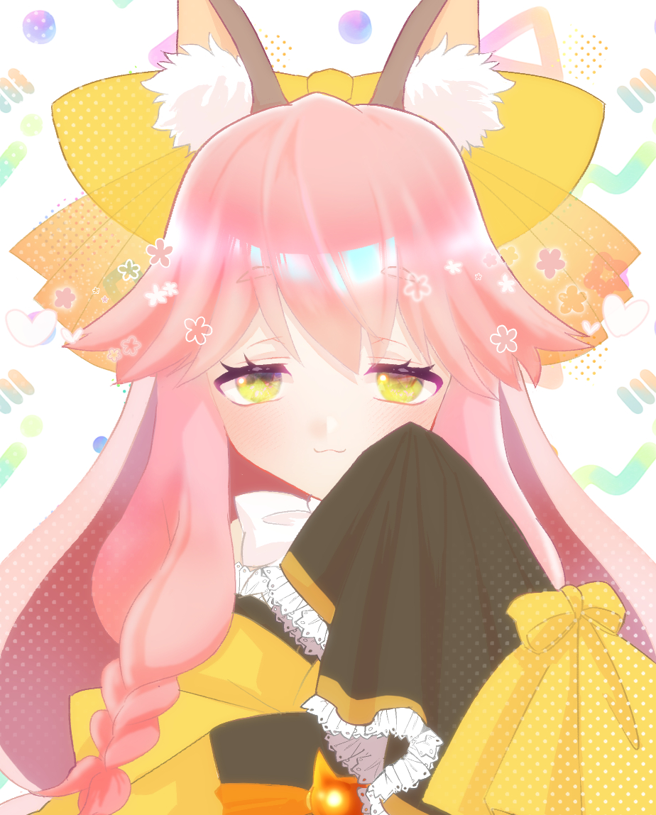1girl :3 animal_ear_fluff animal_ears commentary_request fate/samurai_remnant fate_(series) fox_ears fox_girl japanese_clothes kimono long_hair looking_at_viewer lunarose pink_hair sleeves_past_fingers sleeves_past_wrists smile solo straight-on tamamo_(fate) tamamo_aria upper_body yellow_eyes yellow_kimono