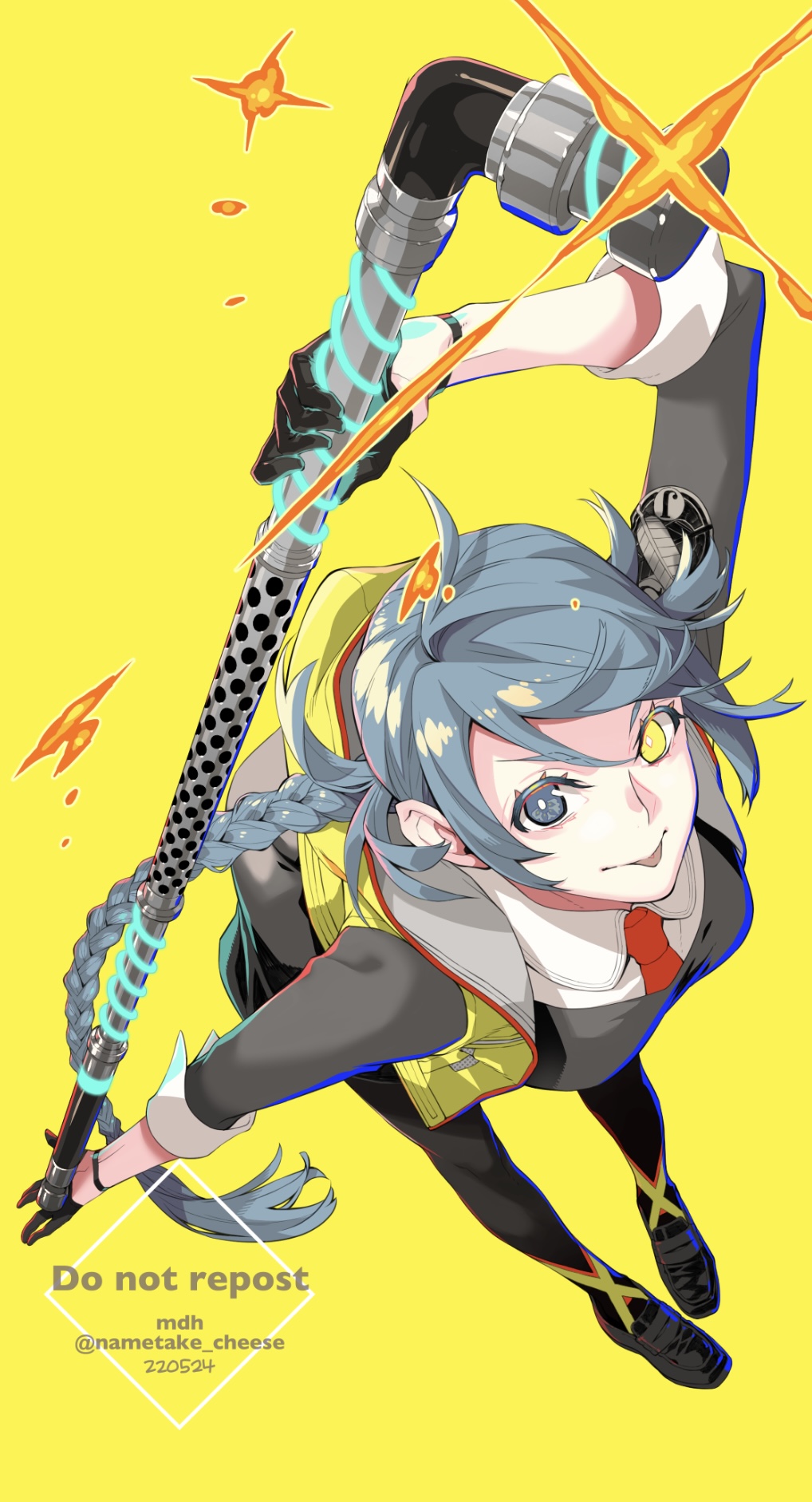 1girl ai_the_somnium_files ai_the_somnium_files:_nirvana_initiative black_gloves blue_eyes blue_hair bracelet braid collared_shirt commentary dated full_body gloves heterochromia highres holding holding_weapon jacket jewelry long_hair looking_at_viewer nametake_cheese necktie okiura_mizuki open_clothes open_jacket red_necktie shirt solo tongue tongue_out twitter_username watermark weapon yellow_background yellow_eyes