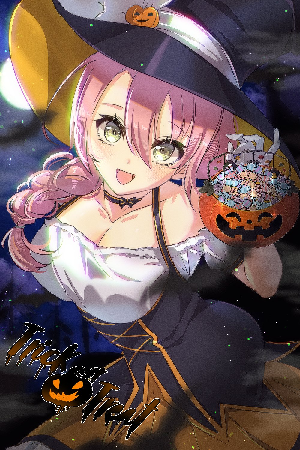 1girl braid breasts candy cleavage_cutout clothing_cutout double-parted_bangs eiyuu_densetsu emma_millstein english_text food full_moon hair_between_eyes hat highres jack-o'-lantern jack-o'-lantern_head large_breasts long_hair looking_at_viewer moon night night_sky pink_hair sen_no_kiseki single_braid sky smile solo witch_hat yellow_eyes zer00han