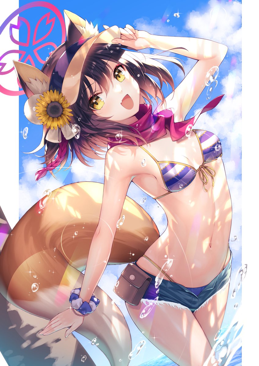 1girl animal_ear_fluff animal_ears bikini bikini_under_shorts blue_archive blue_sky breasts brown_hair cloud commission day denim denim_shorts flower fox_ears fox_girl fox_tail front-tie_bikini_top front-tie_top hair_flower hair_ornament hirano_katsuyuki izuna_(blue_archive) izuna_(swimsuit)_(blue_archive) looking_at_viewer micro_shorts navel open_mouth outdoors red_scarf scarf scrunchie shorts skeb_commission sky small_breasts smile solo stomach striped striped_bikini sunlight swimsuit tail thighs visor_cap water wrist_scrunchie yellow_eyes