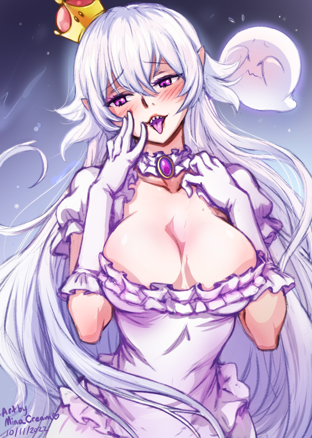 1girl blush boo_(mario) breasts cleavage colored_tongue dress frilled_dress frills ghost gloves jewelry long_hair mario_(series) mina_cream new_super_mario_bros._u_deluxe princess_king_boo purple_dress purple_eyes purple_tongue sharp_teeth super_crown teeth tongue tongue_out white_gloves white_hair