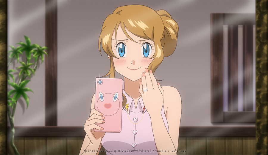 1girl aged_up bare_arms blonde_hair blue_eyes blush cellphone closed_mouth eyelashes glint hands_up holding holding_phone indoors jewelry looking_at_viewer mixed-language_commentary nail_polish noelia_ponce phone pink_nails pokemon pokemon_(anime) pokemon_xy_(anime) ring serena_(pokemon) shirt sleeveless sleeveless_shirt smile solo upper_body watermark