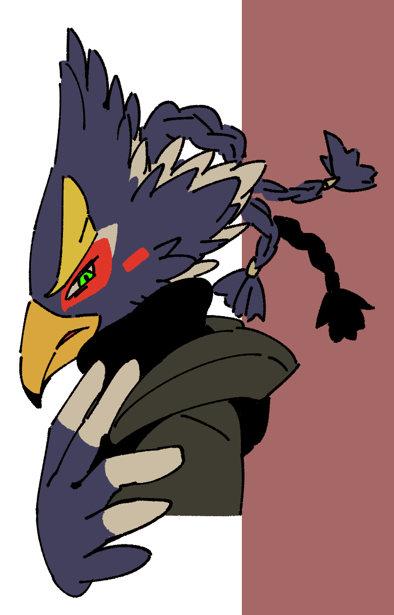 1boy alternate_costume beak bird_boy black_sweater blue_fur blue_hair blush_stickers body_fur braid casual commentary_request cropped_torso from_side furry furry_male green_eyes hair_tie half-closed_eyes hand_on_own_chest hand_up highres hood hood_down hooded_sweater looking_at_viewer male_focus parted_lips partial_commentary profile quad_tails red_background revali rito short_hair simple_background sketch solo sweater the_legend_of_zelda the_legend_of_zelda:_breath_of_the_wild two-tone_background two-tone_fur ukata upper_body white_fur
