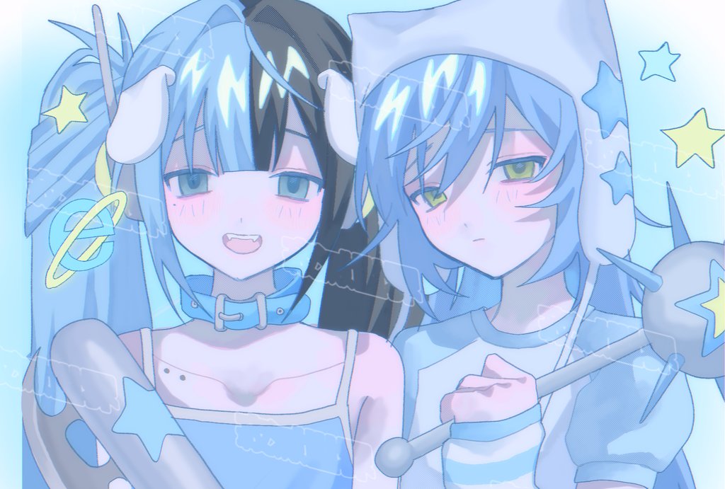 1boy 1girl animal_ears animal_hat belt belt_collar black_hair blue_background blue_belt blue_camisole blue_eyes blue_hair blush camisole cat_hat closed_mouth collar collarbone_piercing commission dog_ears fangs green_eyes hat holding_mace indie_virtual_youtuber internet_explorer juriken long_hair looking_at_viewer mace meidodown mole mole_under_eye multicolored_hair nell_(meidodown) open_mouth original skeb_commission smile spiked_mace spikes split-color_hair star_(symbol) twintails upper_body weapon white_headwear