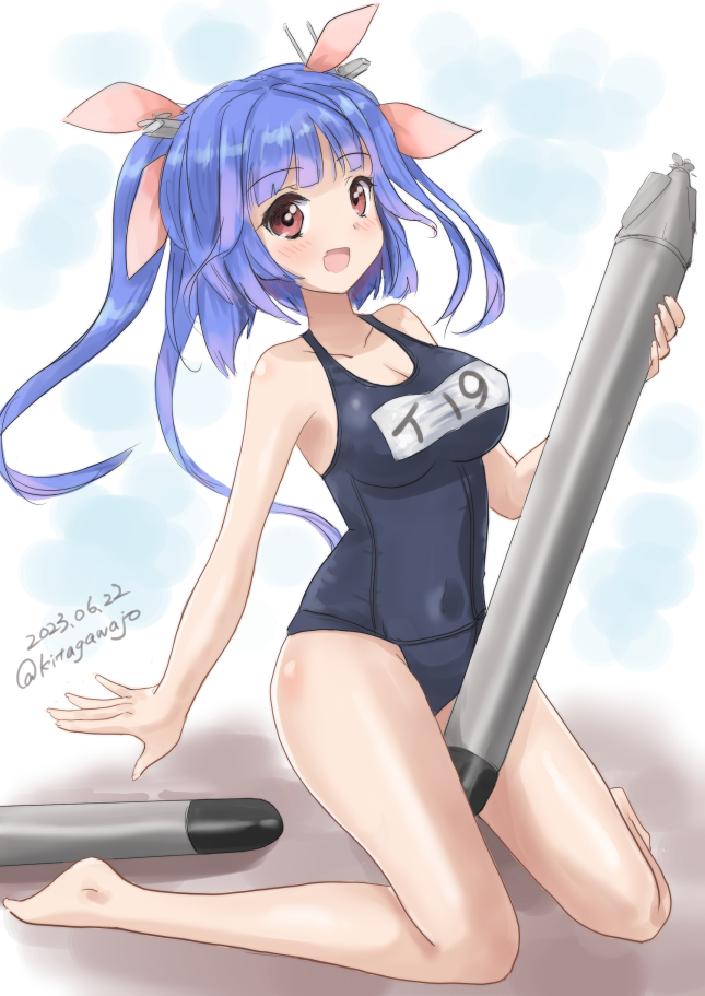 1girl black_one-piece_swimsuit breasts character_name commentary_request covered_navel hair_ribbon holding holding_torpedo i-19_(kancolle) kantai_collection kitagawa_mikio large_breasts name_tag one-hour_drawing_challenge one-piece_swimsuit red_eyes ribbon school_swimsuit smile solo star-shaped_pupils star_(symbol) swimsuit symbol-shaped_pupils torpedo tri_tails
