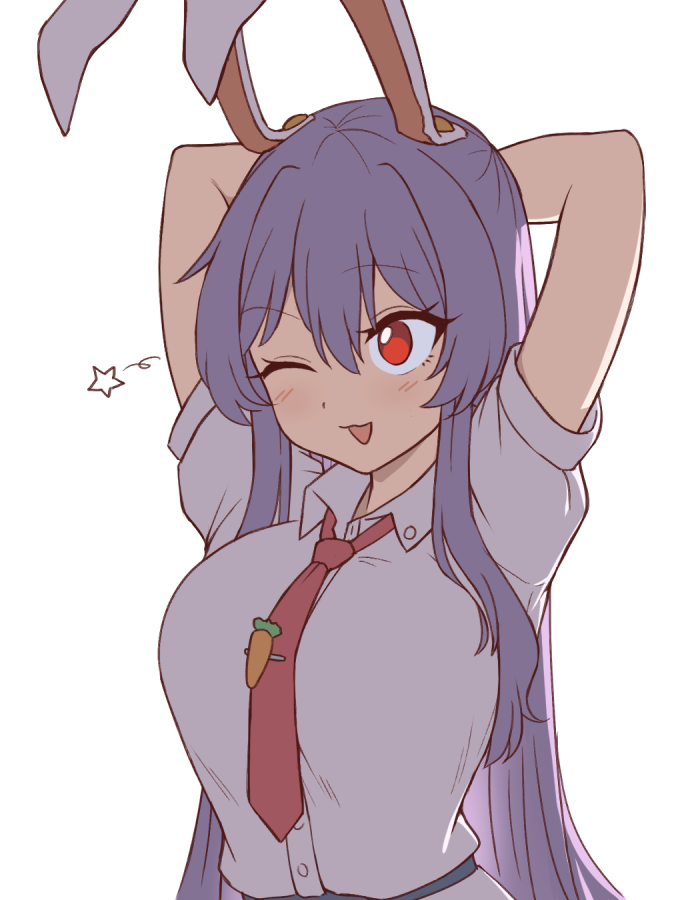 1girl ;3 ;d animal_ears arms_behind_head arms_up backlighting belt blue_belt blush carrot collared_shirt dress_shirt eyelashes hair_between_eyes looking_ahead necktie no_pupils one_eye_closed parted_lips puffy_short_sleeves puffy_sleeves purple_hair rabbit_ears raised_eyebrow red_eyes red_necktie reisen_udongein_inaba shirt short_sleeves simple_background smile solo star_(symbol) tented_shirt tie_clip touhou upper_body white_background wing_collar wool_(miwol)