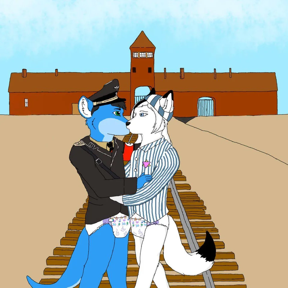 anthro blue_body blue_eyes clothed clothing diaper duo green_eyes kissing male male/male standing swastika unknown_artist wearing_diaper white_body