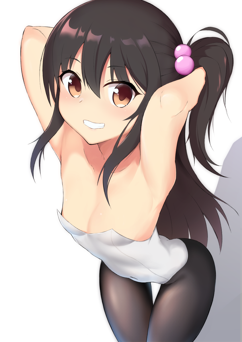 1girl adachi_tenka arched_back armpits arms_up bare_arms bare_shoulders black_pantyhose breasts brown_eyes brown_hair cleavage collarbone covered_navel cowboy_shot coyomin eyelashes from_above grin hair_between_eyes hair_bobbles hair_ornament hand_in_own_hair highres leaning_forward leotard long_hair looking_at_viewer one_side_up pantyhose shoujo_ramune sidelocks simple_background small_breasts smile solo straight_hair thigh_gap white_background white_leotard