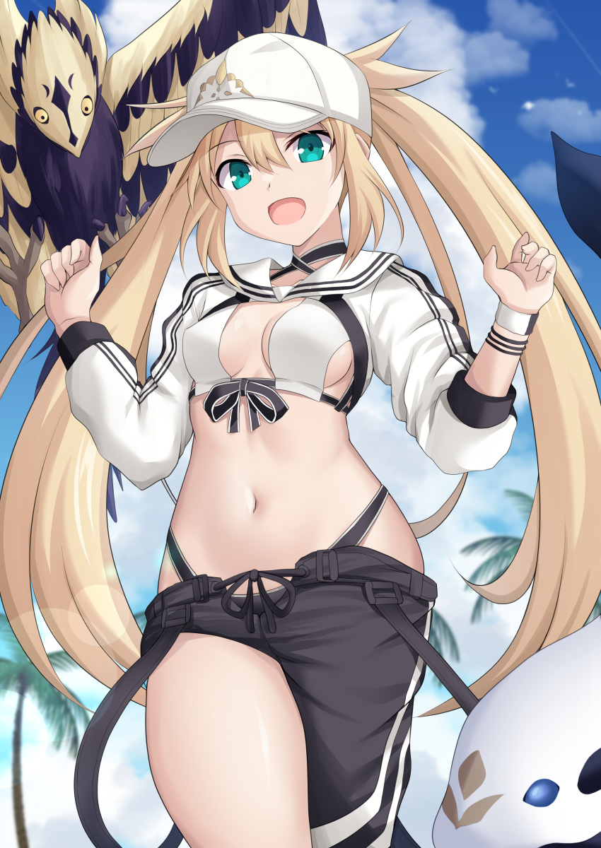 1girl :d animal artoria_caster_(fate) artoria_pendragon_(fate) asymmetrical_clothes black_ribbon blonde_hair breasts cloud cowboy_shot cross_(crossryou) day fate/grand_order fate_(series) gloves green_eyes hair_between_eyes hands_up hat highres long_hair long_sleeves looking_at_viewer navel open_mouth outdoors ribbon single_pantsleg smile solo stomach twintails white_headwear